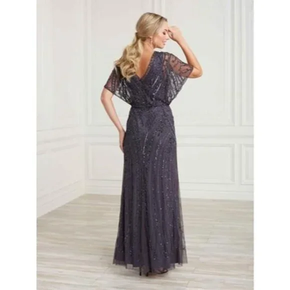 Cristina Wu Navy Beaded V-Neck Gown Size 20W Elegant Formal Dress Sheer Sleeves - Picture 3 of 13